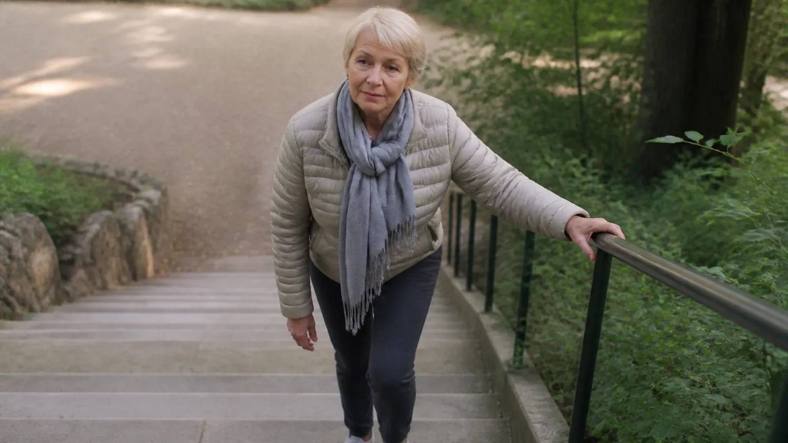 Frau beim Treppensteigen im Park, Hand am Geländer