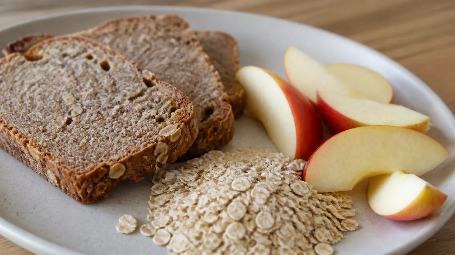 Vollkornbrot, Haferflocken und Apfelscheiben auf hellem Teller