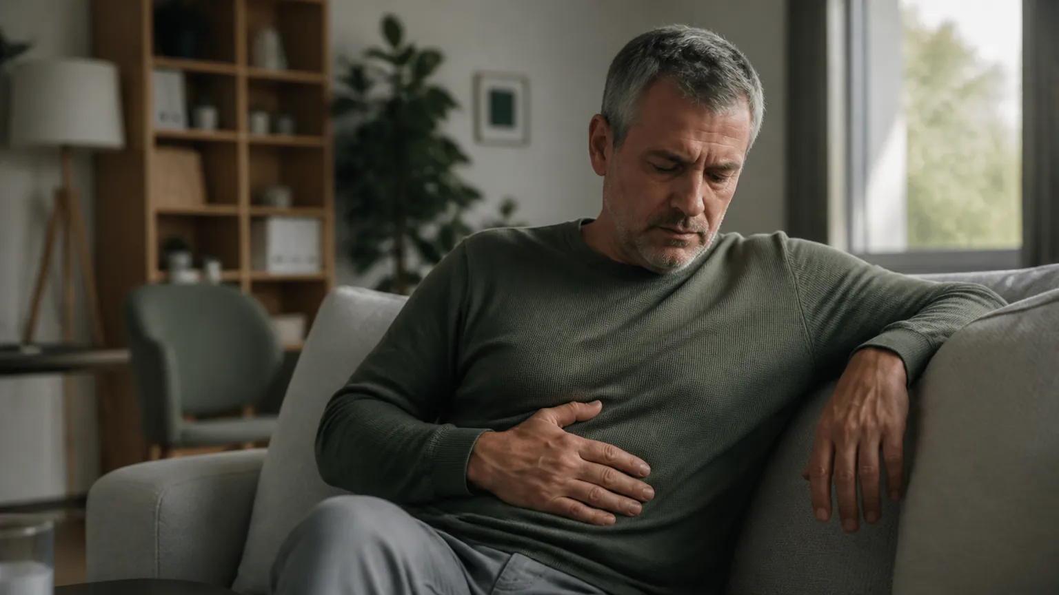 Mann sitzt auf dem Sofa, Hand auf dem Bauch