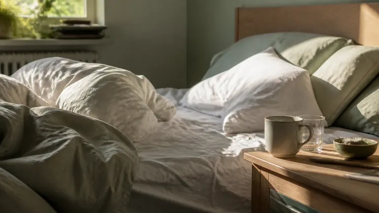 Morgenlicht fällt auf ein Bett und eine Tasse am Fenster