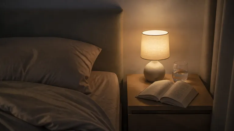 Schlafzimmer bei Nacht mit Buch und warmer Lampe
