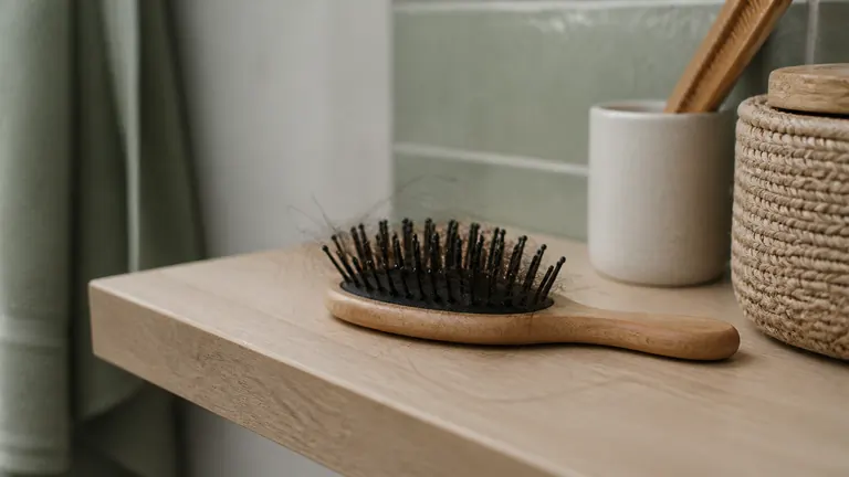 Haarbürste mit einzelnen Haaren auf einem Badezimmerregal