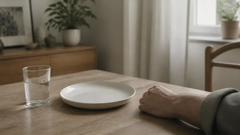 Leerer Teller und Wasserglas auf einem ruhigen Frühstückstisch