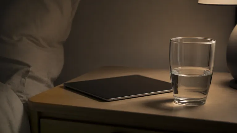 Kleine Tablette auf dem Nachttisch neben einem Wasserglas