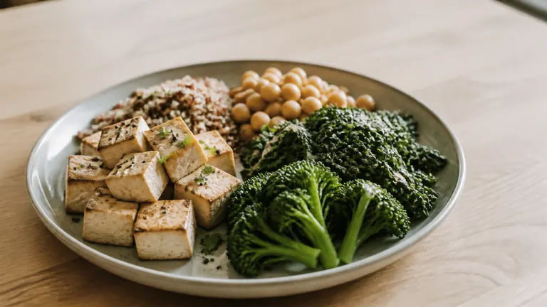 Teller mit Tofu, Hülsenfrüchten und Blattgemüse auf Holz
