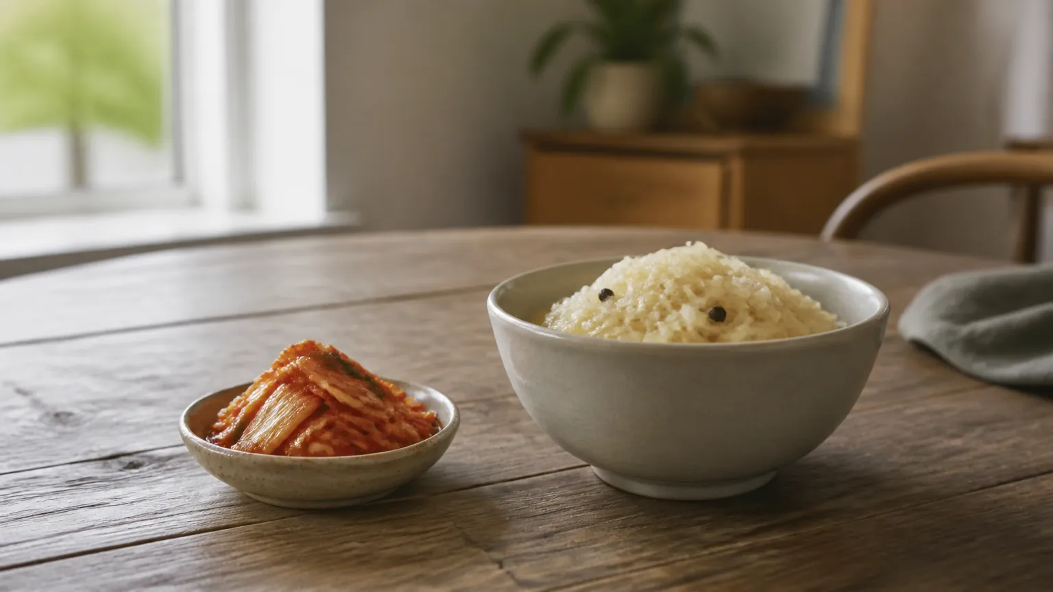 Schüssel Sauerkraut und Schälchen Kimchi auf Holztisch