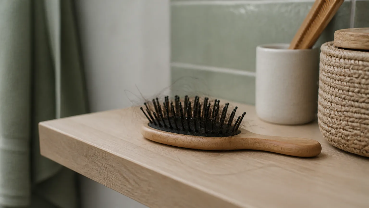 Haarbürste mit einzelnen Haaren auf einem Badezimmerregal