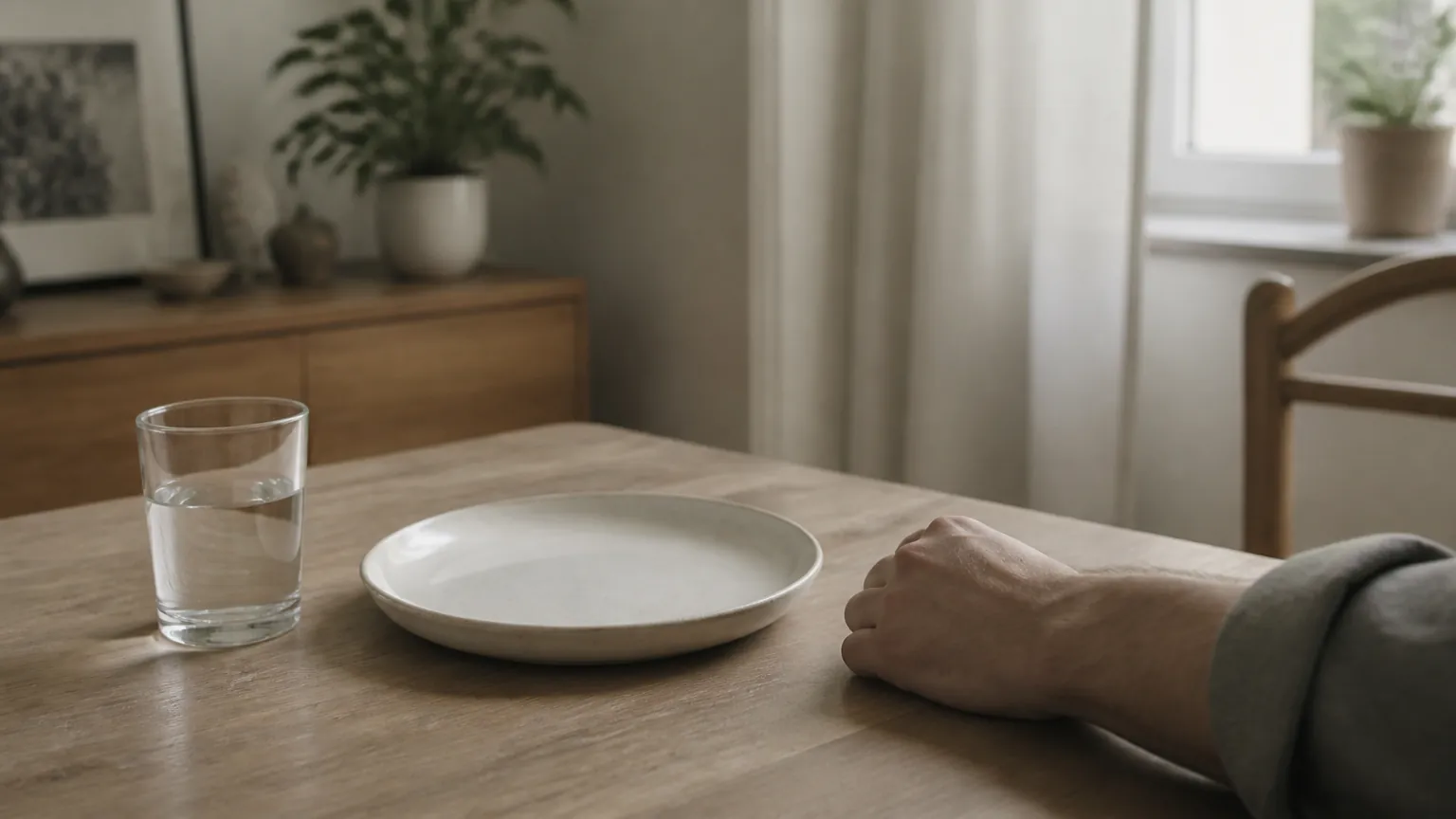 Leerer Teller und Wasserglas auf einem ruhigen Frühstückstisch