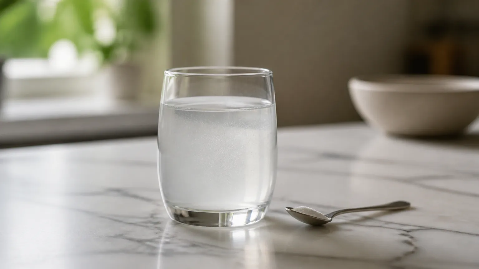 Wasserglas mit gelöstem Pulver neben kleinem Löffel auf Marmor