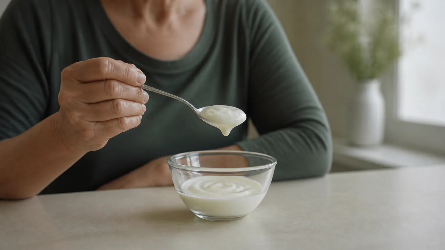 Löffel mit Naturjoghurt über einer Glasschale auf hellem Tisch