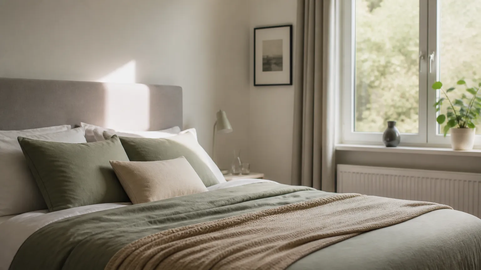Ordentlich gemachtes Bett im morgendlichen Licht